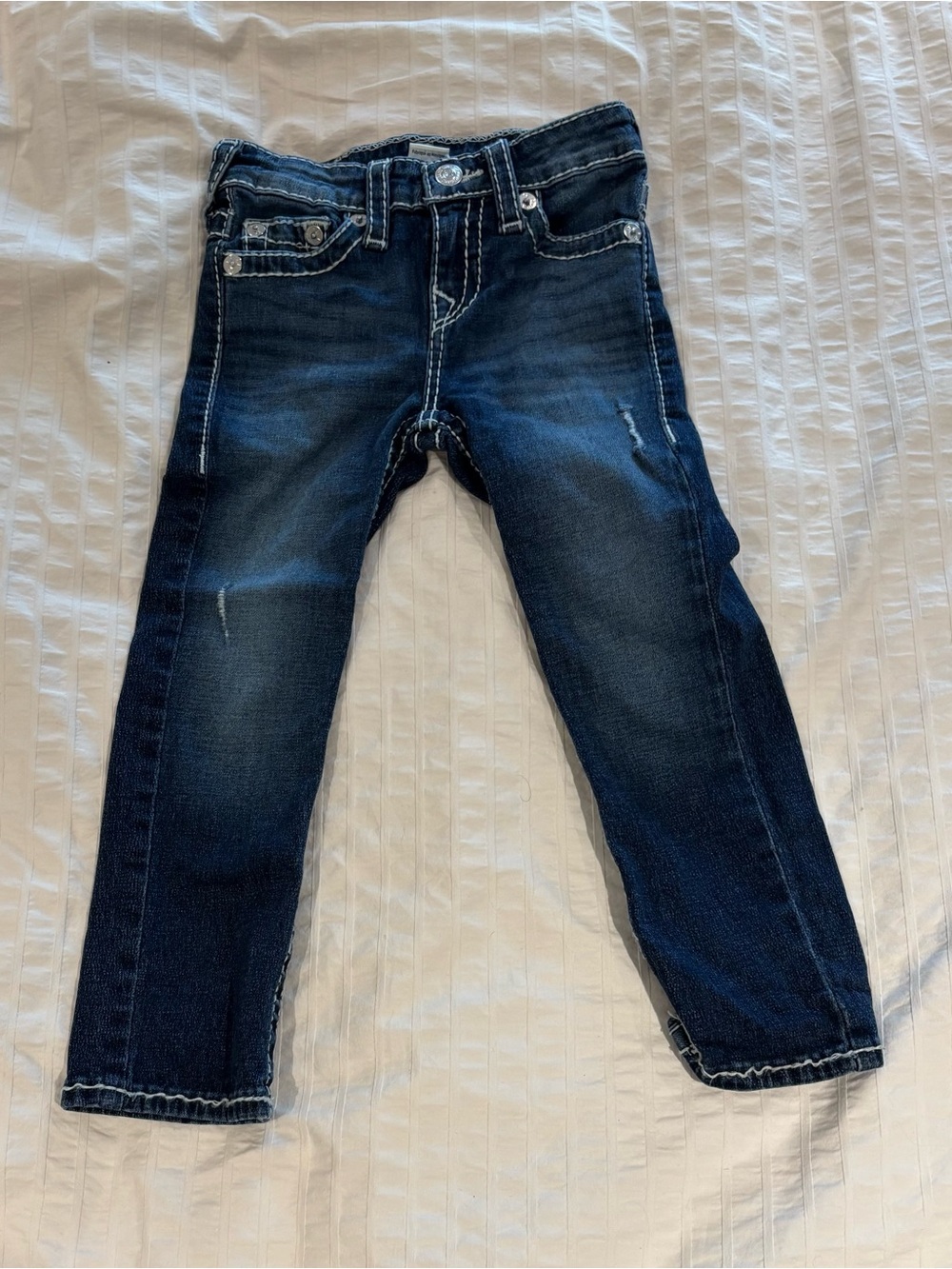 TRUE RELIGION Girls Size 4 Big T Thick Stitch Jeans Denim Adj. Waist Distressed